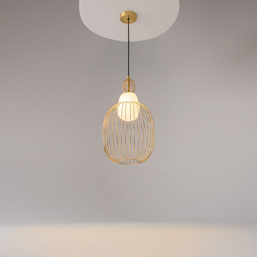 Lampa wisząca Levitation w mosiężnej oprawie, z okrągłym, białym kloszem. Produkt zawieszony na czarnym przewodzie, z widoczną siatką w kształcie klatki, w ujęciu frontalnym na szarym tle. Wysoka, elegancka konstrukcja.