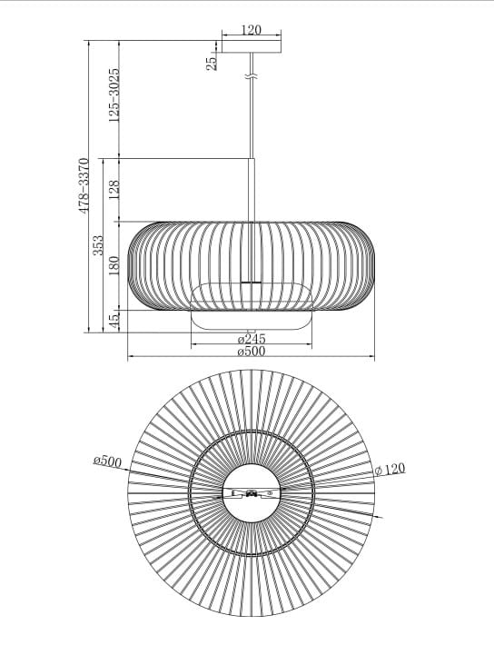 Lampa wisząca Levitation 1xG9 o mosiężnej konstrukcji, podłużny kształt z okrągłym kloszem, średnica 500 mm, wysokość 120 mm. Widok z góry i z boku, z widocznymi wymiarami i detalami konstrukcji.