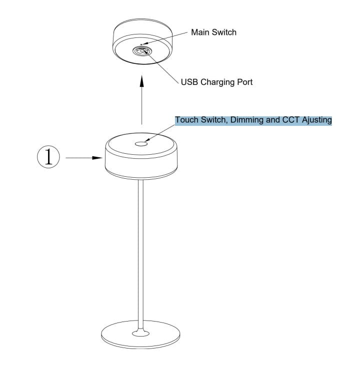 Lampa stołowa LED AI Collaboration MOD229TL-L3B3K2 w kolorze czarnym, z dotykowym włącznikiem, funkcją ściemniania i portem USB do ładowania. Prosta, minimalistyczna konstrukcja z okrągłą podstawą i smukłym stelażem.