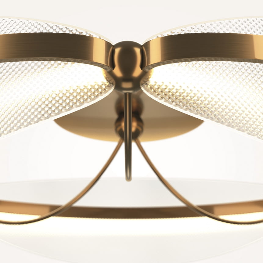 Lampa sufitowa LED Breeze o mocy 45W i barwie światła 3000K, w kolorze mosiądzu. Widok z dołu, ukazujący przezroczyste klosze oraz dekoracyjne detale. Produkt zamontowany w centralnej części, z widocznymi metalowymi elementami mocującymi.