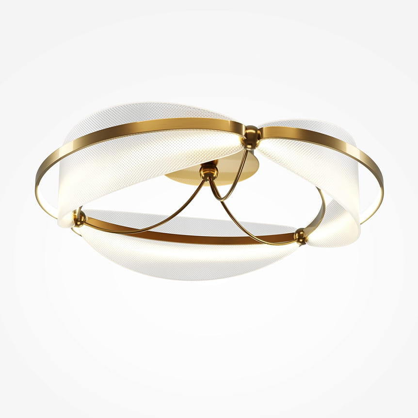 Lampa sufitowa LED Breeze o mocy 45W i temperaturze barwowej 3000K. Posiada okrągłą, mosiężną podstawę oraz dwie białe, teksturowane osłony, które tworzą efektowne, falujące wzory. Ujęcie z dołu, pokazujące detal konstrukcji.