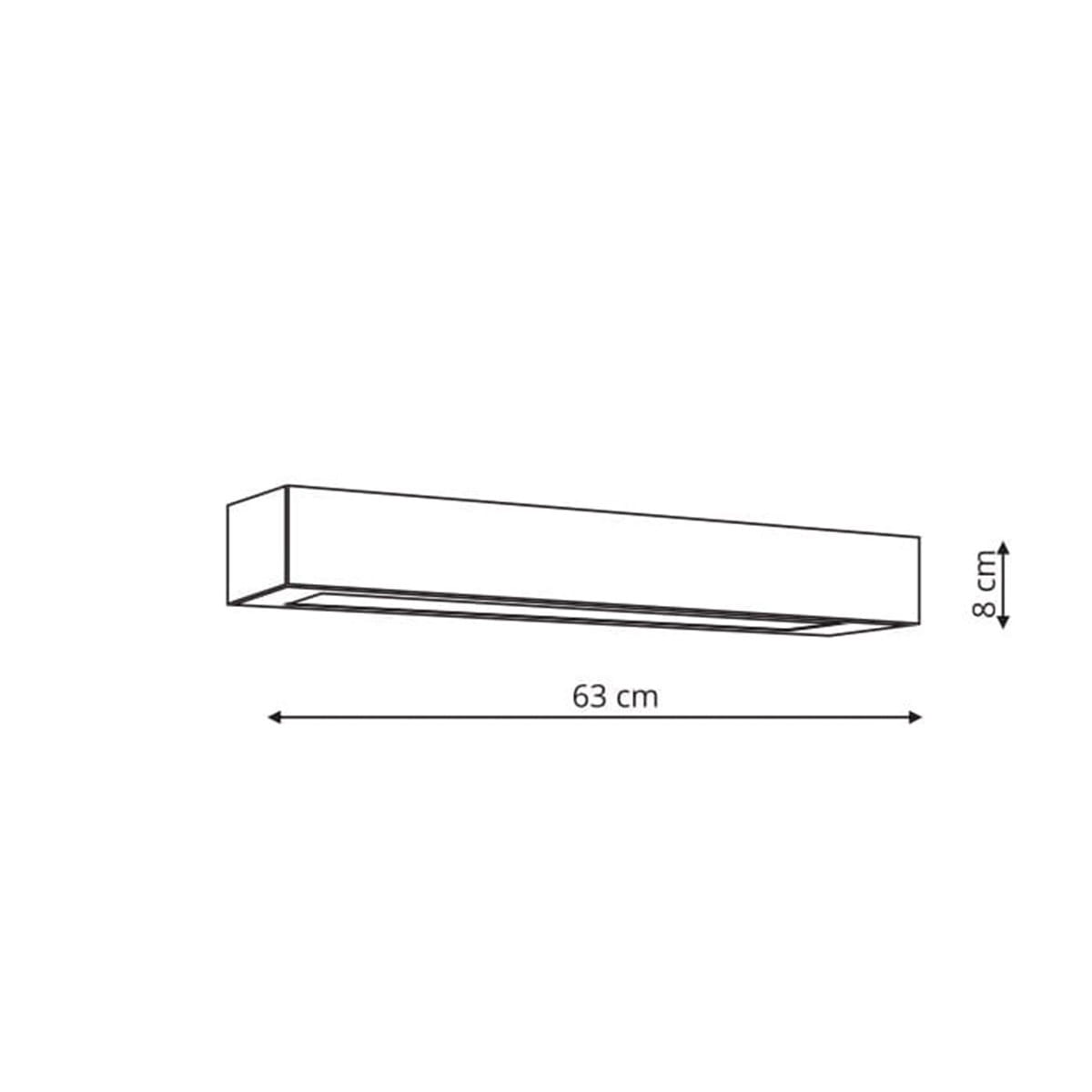 Czarny kinkiet LED Ibros IP44 o długości 63 cm i wysokości 8 cm, prostokątny kształt, minimalistyczny design. Idealny do oświetlenia wnętrz, z możliwością zmiany barwy światła. Montaż ścienny, eleganckie wykończenie.