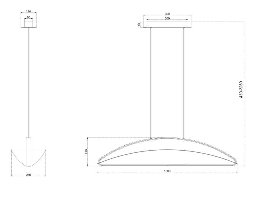 Lampa wisząca Breeze LED 34W w kolorze mosiężnym, z zaokrąglonym kloszem o długości 1030 mm i wysokości 210 mm. Montaż na prostokątnej podstawie 350x40 mm, z regulacją wysokości 450-325 mm. Elegancki design idealny do nowoczesnych wnętrz.