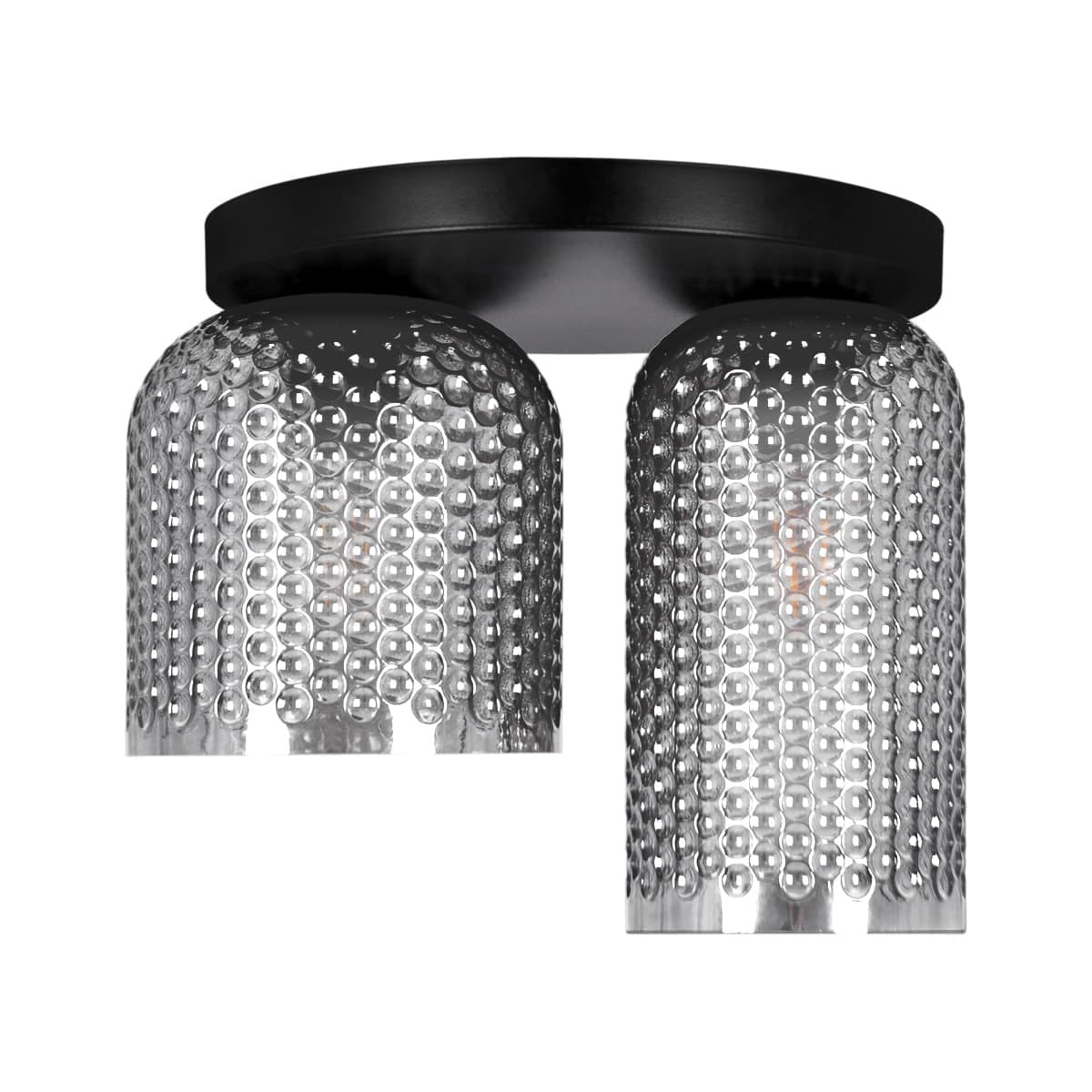 Lampa sufitowa Inga z dwoma kloszami w kolorze czarnym i grafitowym, wykonana z materiału z teksturą przypominającą bąbelki. Klosze mają zaokrąglony kształt, zamontowane na okrągłej, czarnej podstawie. Dwa gniazda E27.