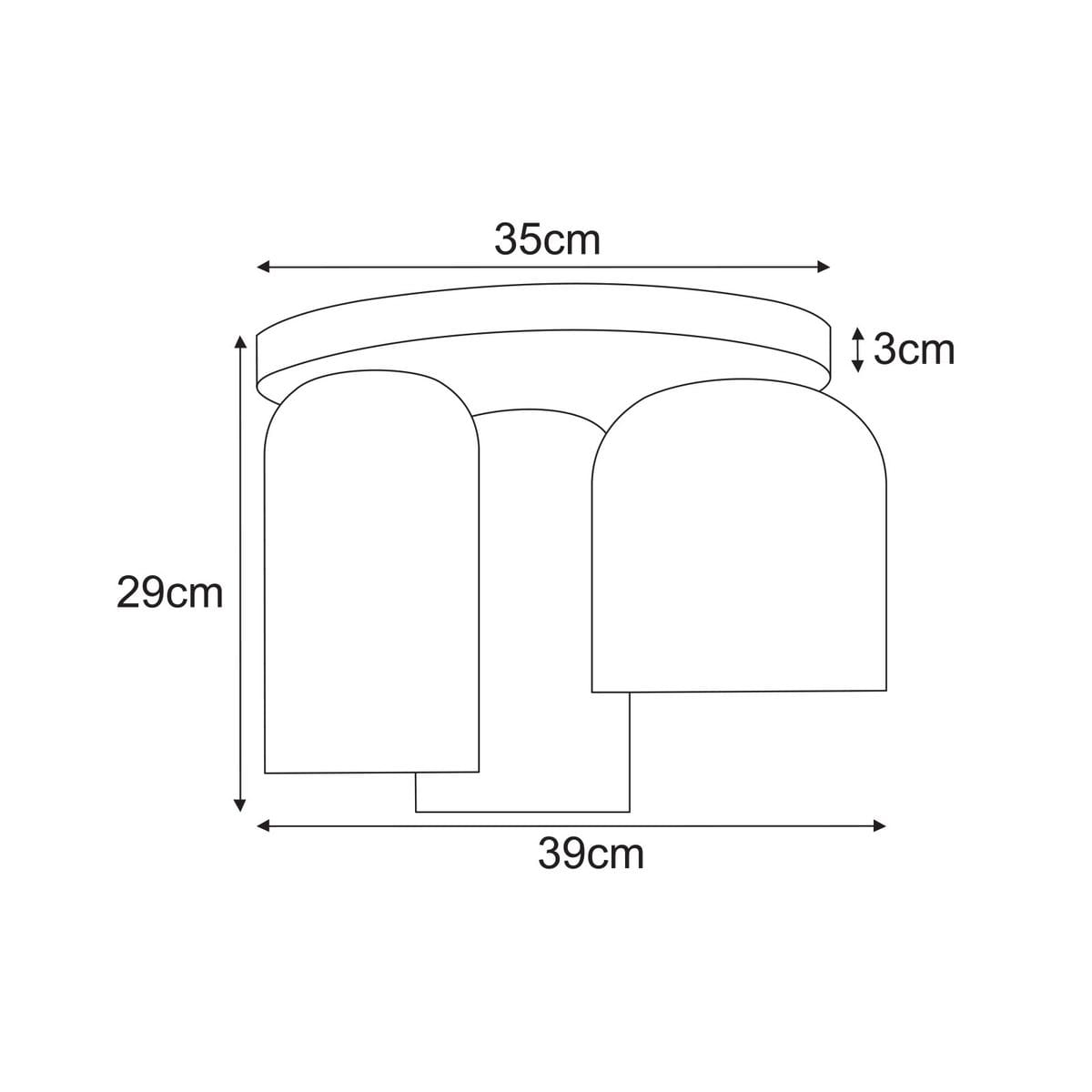 Lampa sufitowa Inga z trzema oprawami E27 w kolorze czarnym i grafitowym. Wymiary: 39 cm szerokości, 29 cm wysokości, 3 cm głębokości. Zestawienie zaokrąglonych kloszy na prostokątnej podstawie, montowana do sufitu.