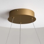 Mosiężny uchwyt lampy wiszącej Curve LED z dwoma stalowymi linkami. Uchwyt ma okrągły kształt i gładką, matową powierzchnię. Widoczny jest sufit, na którym zamontowano lampę.