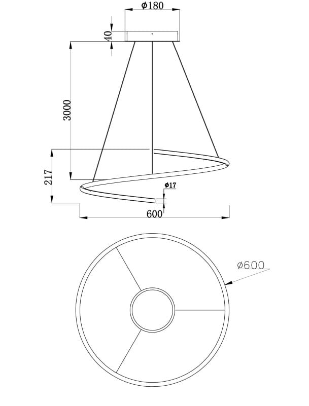 Lampa wisząca LED Curve o mocy 31W, w kolorze mosiądzu. Kształt stożkowaty z okrągłym, płaskim elementem u podstawy. Wymiary: średnica 600 mm, wysokość 3000 mm. Widok frontalny i z góry.