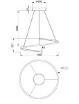 Lampa wisząca LED Curve o mocy 31W, w kolorze mosiądzu. Kształt stożkowaty z okrągłym, płaskim elementem u podstawy. Wymiary: średnica 600 mm, wysokość 3000 mm. Widok frontalny i z góry.