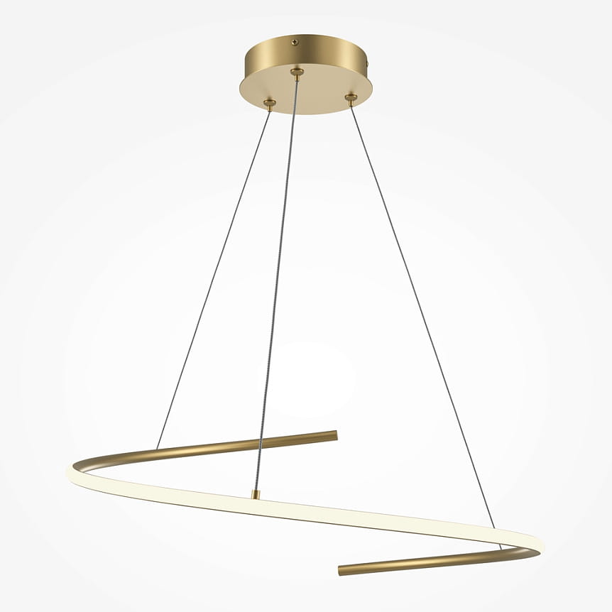 Lampa wisząca LED Curve w kolorze mosiądzu, o minimalistycznym kształcie, zawieszona na trzech cienkich linkach. Posiada unikalny, zakrzywiony design z elementami w kolorze białym i mosiężnym, montowana sufitowo.