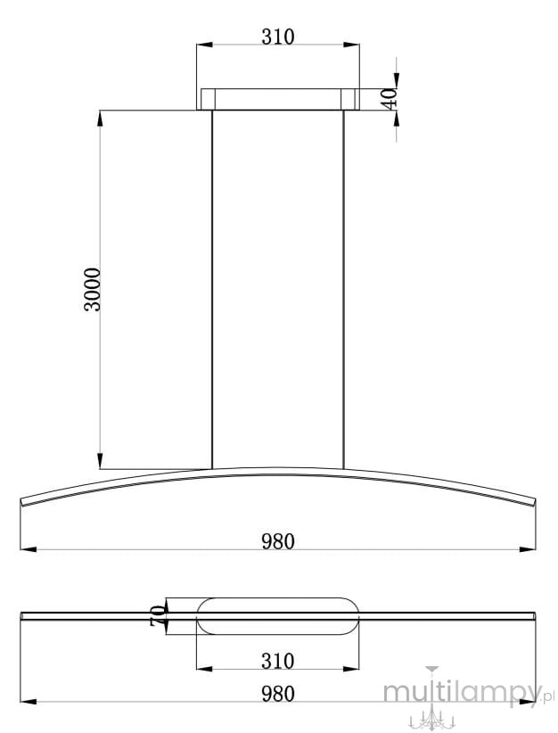 Curve lampa wisząca LED o mocy 15W i regulowanej temperaturze barwowej (CCT), w kolorze czarnym. Wymiary: długość 980 mm, szerokość 310 mm, wysokość 3000 mm. Prosty, nowoczesny design z minimalistyczną konstrukcją.
