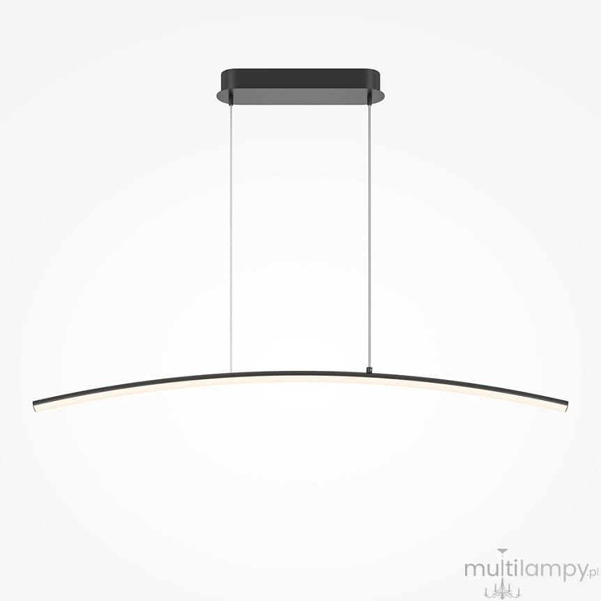 Lampa wisząca LED Curve o mocy 15W w czarnej obudowie. Posiada subtelny, zakrzywiony kształt z białym źródłem światła, zawieszona na dwóch cienkich linkach. Montaż sufitowy, minimalistyczny design, idealna do nowoczesnych wnętrz.