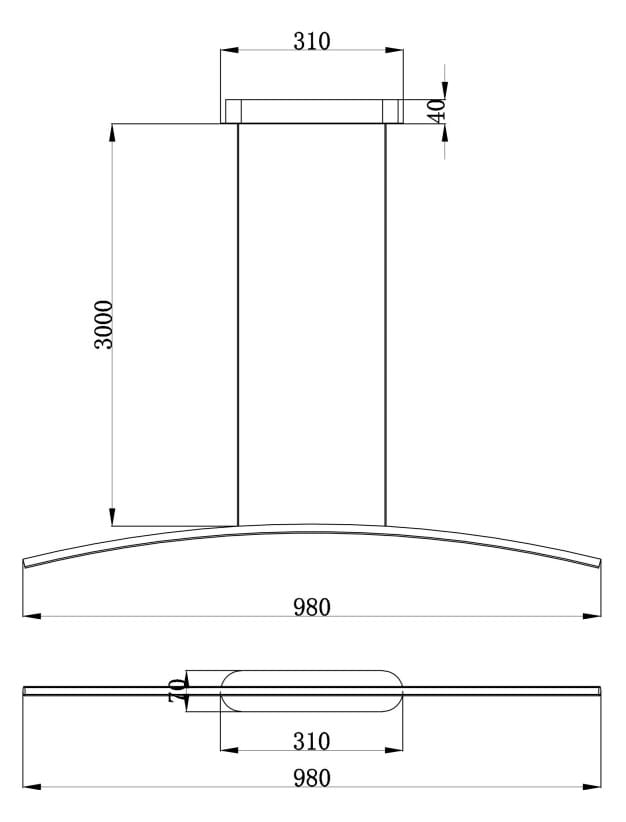 Lampa wisząca Curve LED o mocy 15W w kolorze mosiądzu. Wymiary: wysokość 3000 mm, szerokość 980 mm, średnica 310 mm. Prosty, nowoczesny design z delikatnym kształtem. Ujęcie frontalne, pokazujące szczegóły konstrukcji.