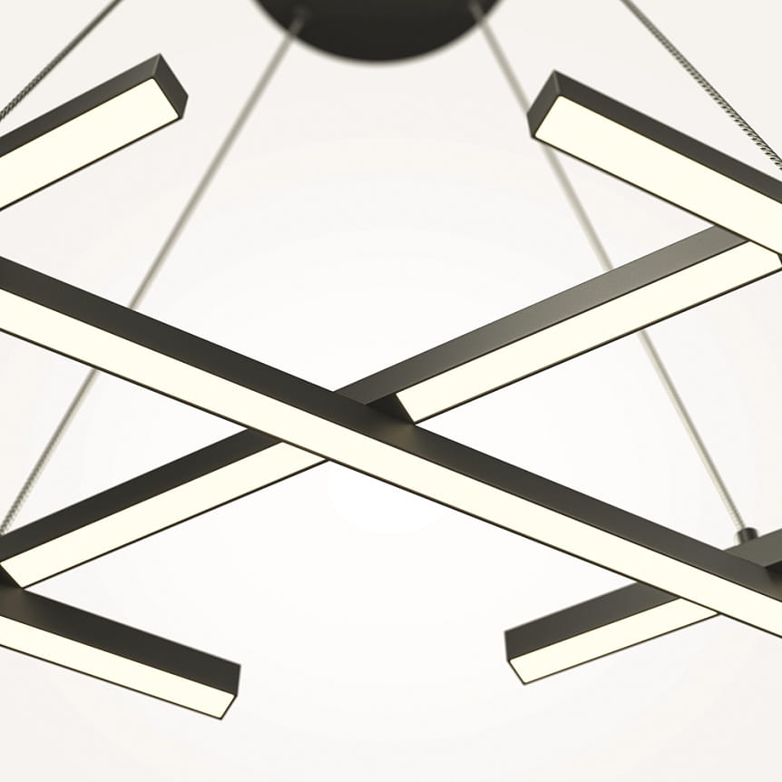 Lampa wisząca LED Halo w kolorze czarnym, o nowoczesnym designie z trzema krzyżującymi się, prostokątnymi elementami świetlnymi. Zawieszona na cienkich linkach, z okrągłym mocowaniem sufitowym. Idealna do nowoczesnych wnętrz.