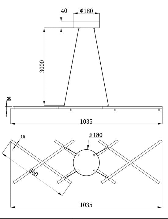 Lampa wisząca LED Halo o mocy 40W w kolorze czarnym. Posiada geometryczną konstrukcję z wieloma ramionami, wiszącą na wysokości 3000 mm. Średnica podstawy wynosi 180 mm, a rozpiętość ramion to 1035 mm.