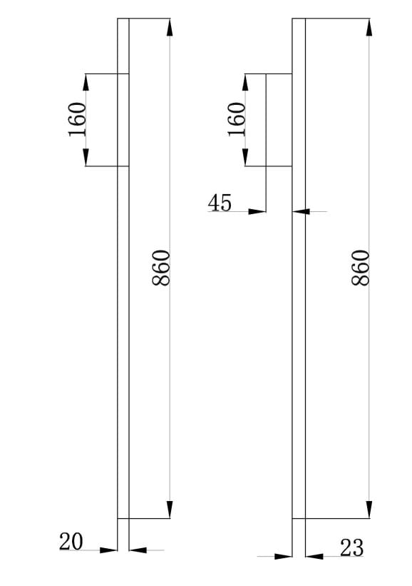 Kinkiet LED 15W w kolorze mosiądzu, o wymiarach 860 mm wysokości, 160 mm szerokości i 23 mm głębokości. Prosty, prostokątny design bez widocznych detali, montowany na ścianie, z równym rozkładem światła.