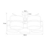 Czarna lampa sufitowa Malavi z pięcioma oprawami E27. Kształt okrągłych kloszy z materiału tekstylnego. Wymiary: 60 cm szerokości, 31 cm wysokości, 8 cm średnicy kloszy. Montaż sufitowy, nowoczesny design.