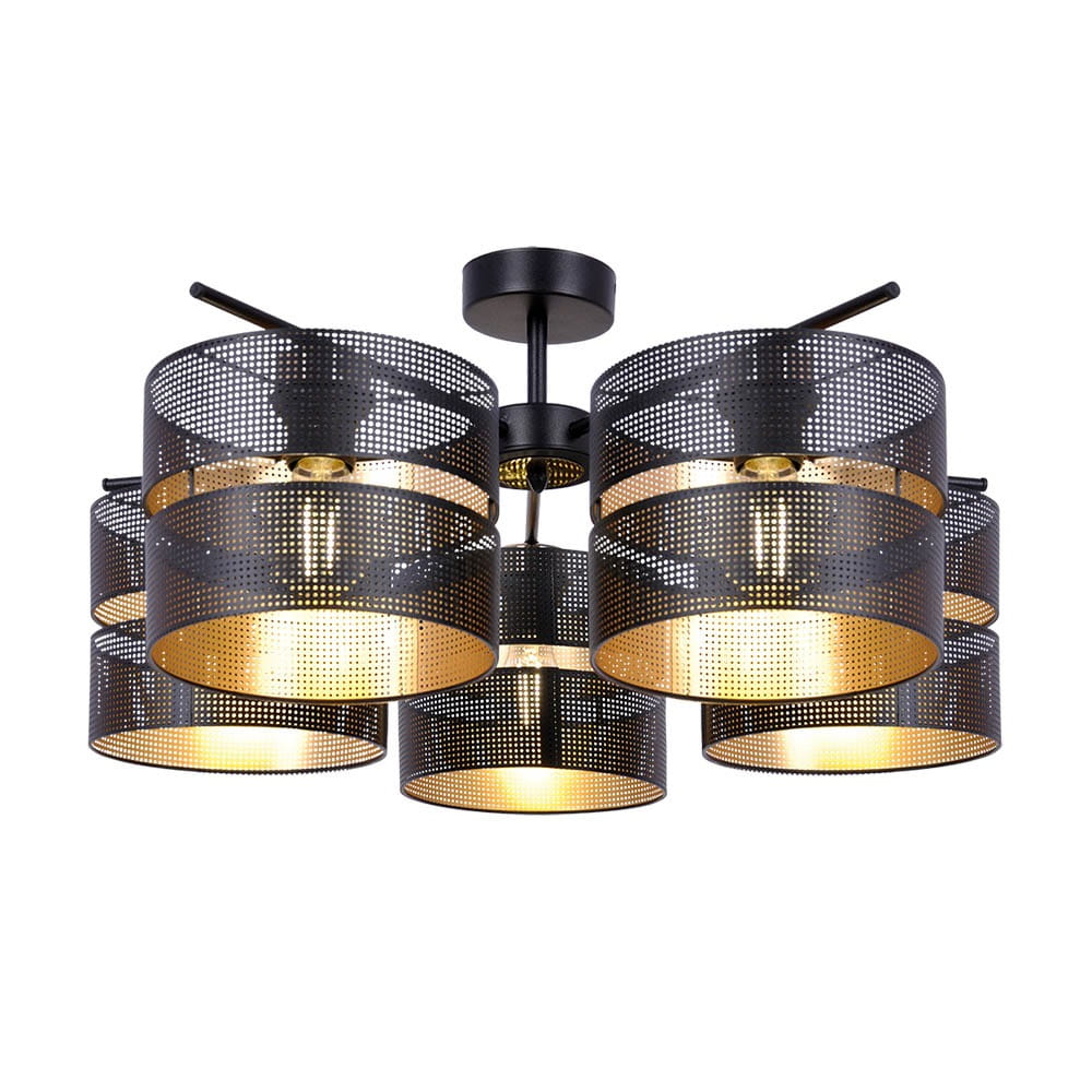 Malavi lampa sufitowa K-5503 z pięcioma oprawami E27, w kolorze czarnym, z metalowymi kloszami w formie perforowanych cylindrów, z wewnętrzną złotą powłoką. Produkt zamontowany na okrągłym stelażu, widok z dołu.