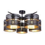 Malavi lampa sufitowa K-5503 z pięcioma oprawami E27, w kolorze czarnym, z metalowymi kloszami w formie perforowanych cylindrów, z wewnętrzną złotą powłoką. Produkt zamontowany na okrągłym stelażu, widok z dołu.
