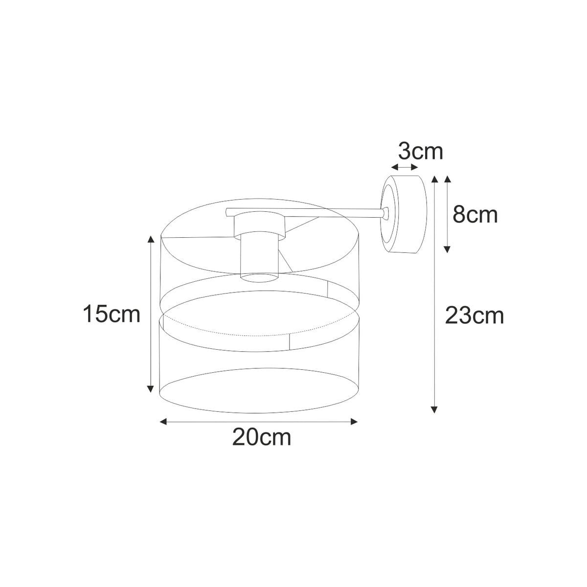 Kinkiet Malavi 1xE27 w kolorze czarnym o wymiarach 20 cm średnicy i 23 cm wysokości. Posiada cylindryczny klosz o wysokości 15 cm i średnicy 20 cm, montowany na okrągłej podstawie o średnicy 8 cm. Zawiera miejsce na żarówkę E27.