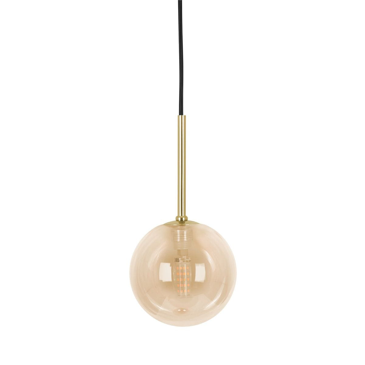 Lampa wisząca Galaxy w kolorze czarnym z bursztynowym kloszem, zawieszona na cienkim, czarnym przewodzie. Okrągły klosz wykonany ze szkła, na złotym mocowaniu. Prosta forma, idealna do nowoczesnych wnętrz.