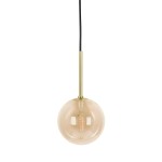 Lampa wisząca Galaxy w kolorze czarnym z bursztynowym kloszem, zawieszona na cienkim, czarnym przewodzie. Okrągły klosz wykonany ze szkła, na złotym mocowaniu. Prosta forma, idealna do nowoczesnych wnętrz.