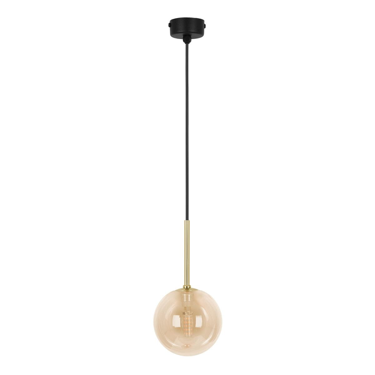 Lampa wisząca Galaxy w kolorze czarnym z bursztynowym kloszem, zawieszona na cienkim przewodzie. Klosz ma okrągły kształt i wykonany jest z przezroczystego szkła, z widoczną żarówką G9 wewnątrz. Złoty uchwyt łączy klosz z mocowaniem sufitowym.