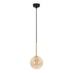 Lampa wisząca Galaxy w kolorze czarnym z bursztynowym kloszem, zawieszona na cienkim przewodzie. Klosz ma okrągły kształt i wykonany jest z przezroczystego szkła, z widoczną żarówką G9 wewnątrz. Złoty uchwyt łączy klosz z mocowaniem sufitowym.