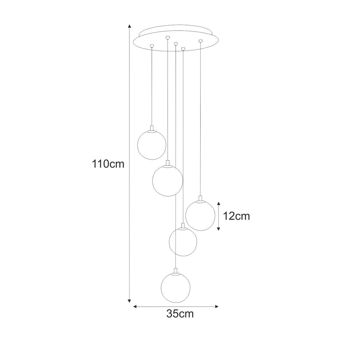 Lampa wisząca Galaxy z pięcioma kulistymi kloszami w bursztynowym kolorze, zawieszona na czarnych przewodach. Wymiary: wysokość 110 cm, średnica 35 cm, klosze o wysokości 12 cm. Montaż sufitowy, nowoczesny design.