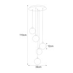 Lampa wisząca Galaxy z pięcioma kulistymi kloszami w bursztynowym kolorze, zawieszona na czarnych przewodach. Wymiary: wysokość 110 cm, średnica 35 cm, klosze o wysokości 12 cm. Montaż sufitowy, nowoczesny design.