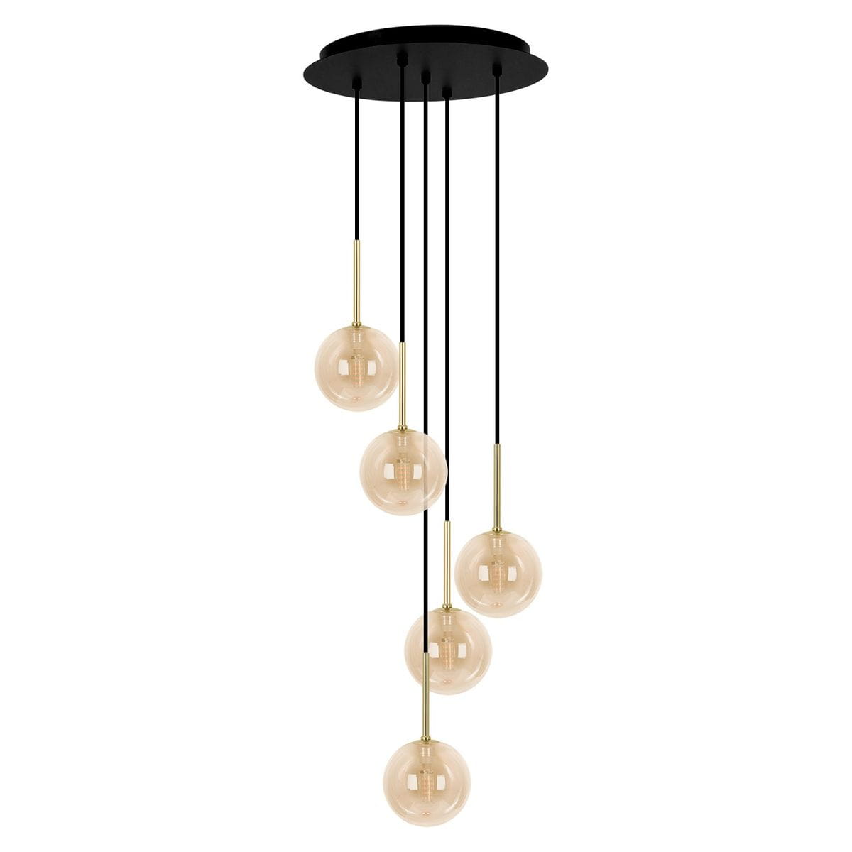 Lampa wisząca Galaxy z pięcioma kulistymi kloszami w bursztynowym kolorze, zawieszona na czarnych przewodach. Metalowy, okrągły stelaż u góry, klosze o gładkiej fakturze, w różnej wysokości, tworzą nowoczesną aranżację oświetleniową.