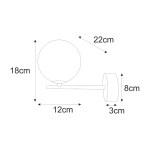 Kinkiet Galaxy w kolorze czarnym i bursztynowym, z okrągłym kloszem o średnicy 12 cm, zamontowany na prostokątnej podstawie. Wymiary: wysokość 22 cm, głębokość 8 cm, szerokość 3 cm. Stojący, z eleganckim minimalistycznym designem.