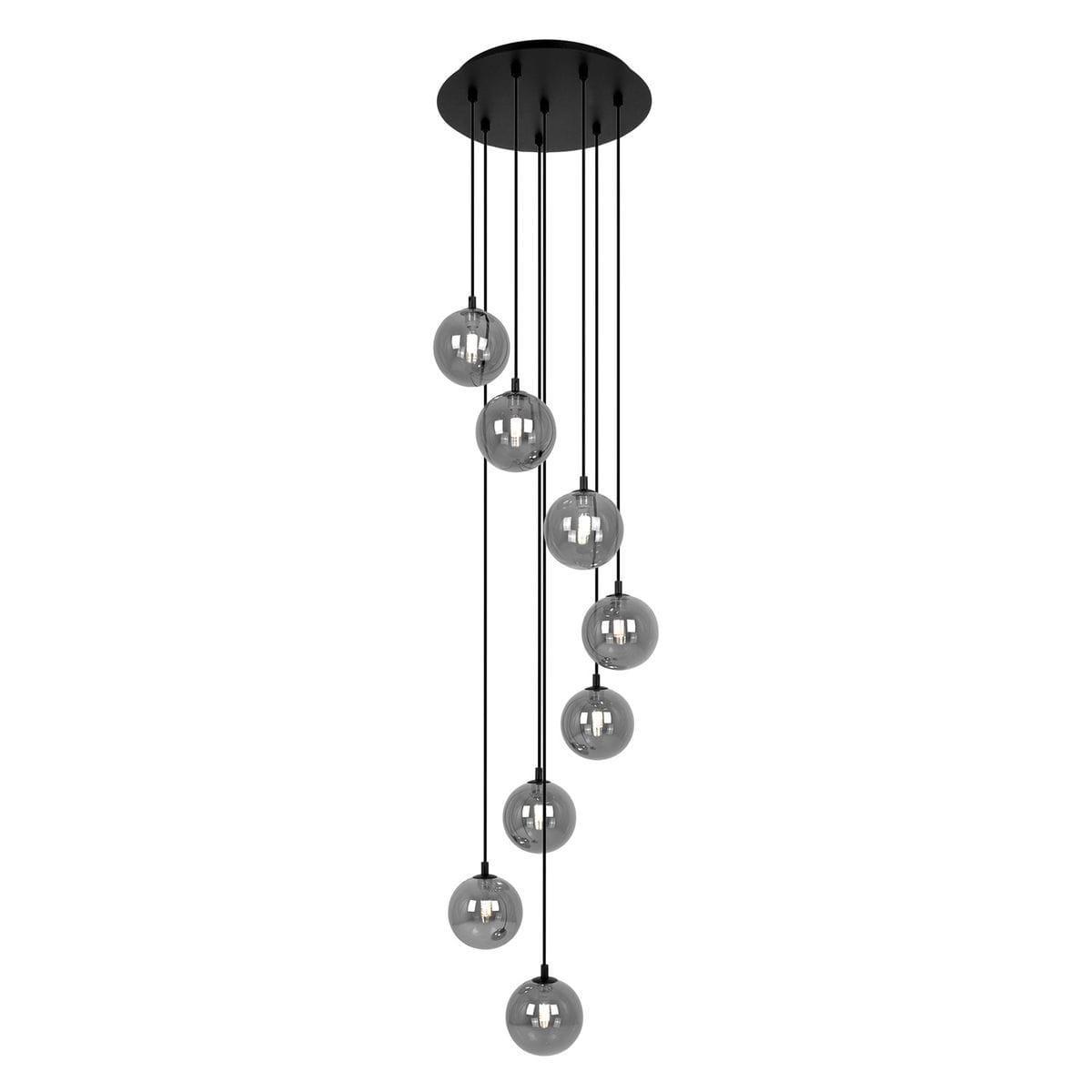 Lampa wisząca Dori z ośmioma kulistymi kloszami w odcieniu grafitowym, zawieszona na czarnych linkach. Klosze w różnych wysokościach tworzą dynamiczną kompozycję. Montaż na okrągłej, czarnej podsufitce. Idealna do nowoczesnych wnętrz.