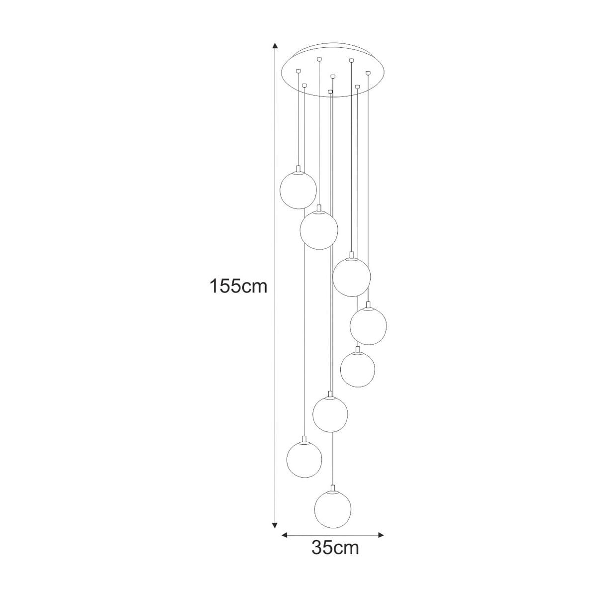 Lampa wisząca Aspen z 8 kulistymi kloszami G9, w kolorze czarnym i białym. Wymiary: wysokość 155 cm, średnica 35 cm. Klosze zawieszone na różnych wysokościach, montowane na okrągłej podsufitce.