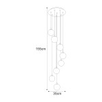 Lampa wisząca Aspen z 8 kulistymi kloszami G9, w kolorze czarnym i białym. Wymiary: wysokość 155 cm, średnica 35 cm. Klosze zawieszone na różnych wysokościach, montowane na okrągłej podsufitce.