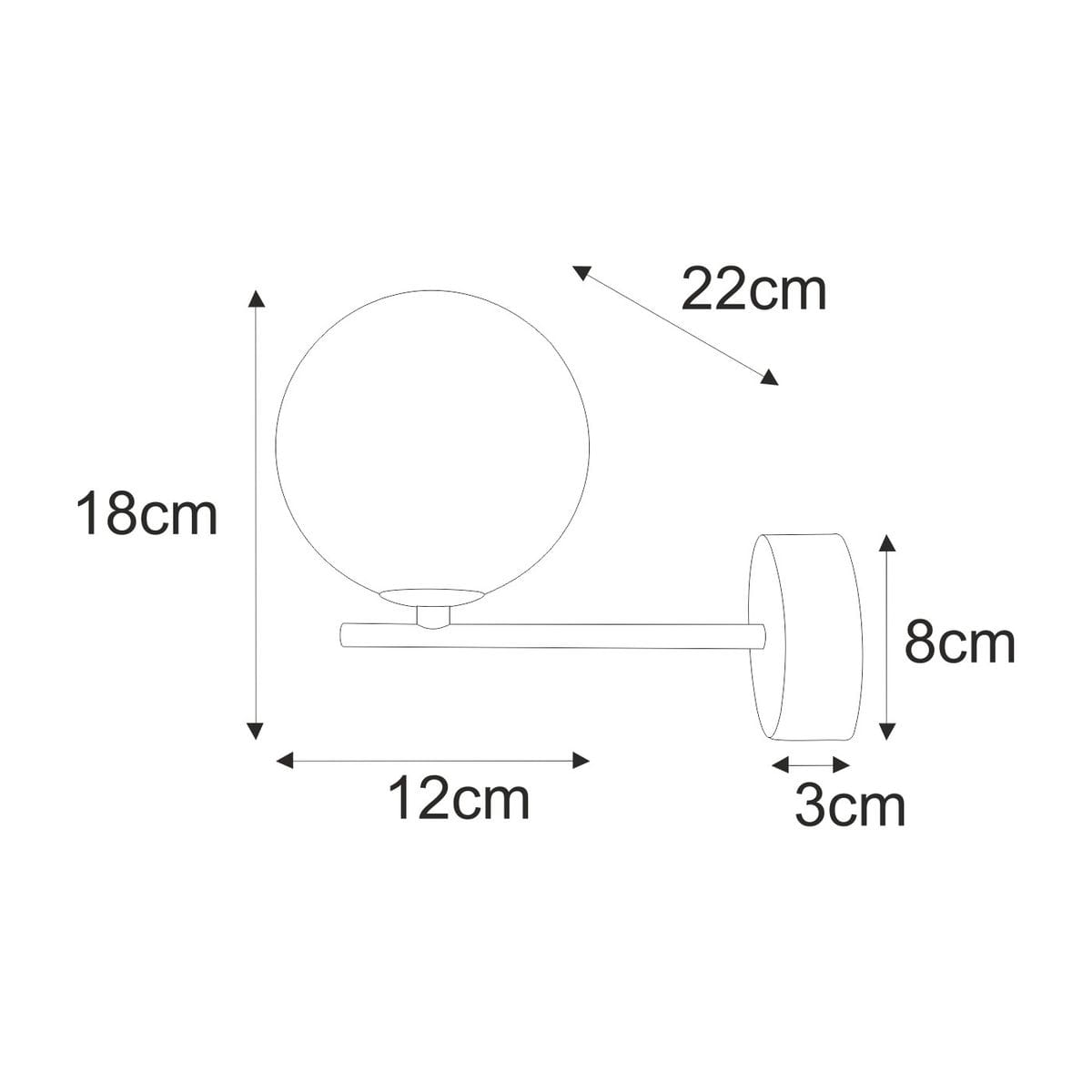 Kinkiet Aspen 1xG9 w kolorze czarnym i białym. Okrągła kula o średnicy 12 cm, zamontowana na prostym ramieniu. Wymiary: 22 cm wysokości, 18 cm głębokości, 8 cm szerokości. Minimalistyczny design, idealny do nowoczesnych wnętrz.