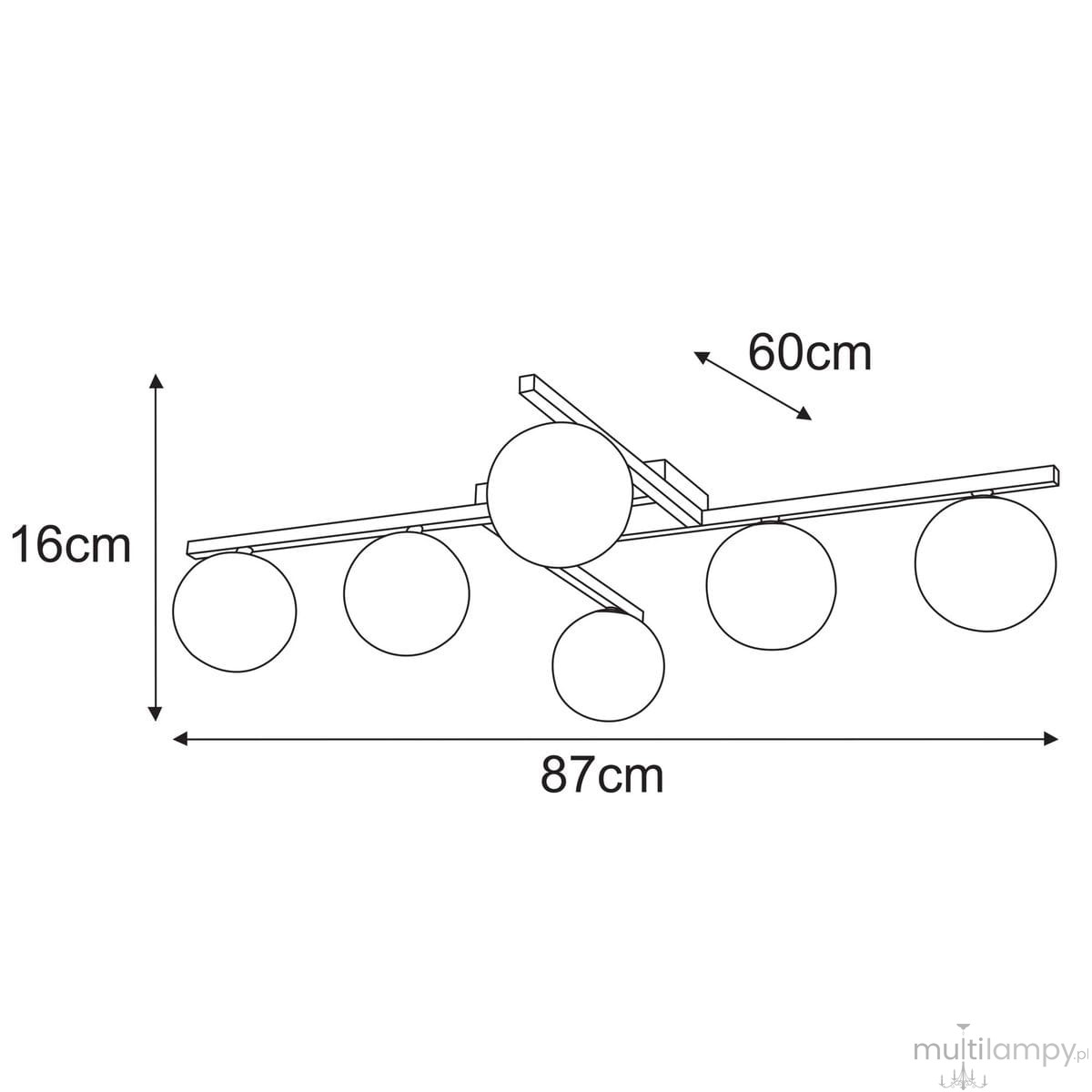Lampa sufitowa Paxi 6xG9 w kolorze czarnym i grafitowym. Długość 87 cm, szerokość 60 cm, wysokość 16 cm. Konstrukcja z prostokątnym wspornikiem i sześcioma okrągłymi kloszami rozmieszczonymi w regularnych odstępach.