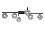 Lampa sufitowa Paxi w kolorze czarnym i grafitowym, z sześcioma okrągłymi, szklanymi kloszami w odcieniu szaro-przezroczystym, zamontowana na prostokątnej podstawie. Ujęcie z przodu, pokazujące wszystkie klosze oraz ich rozmieszczenie.