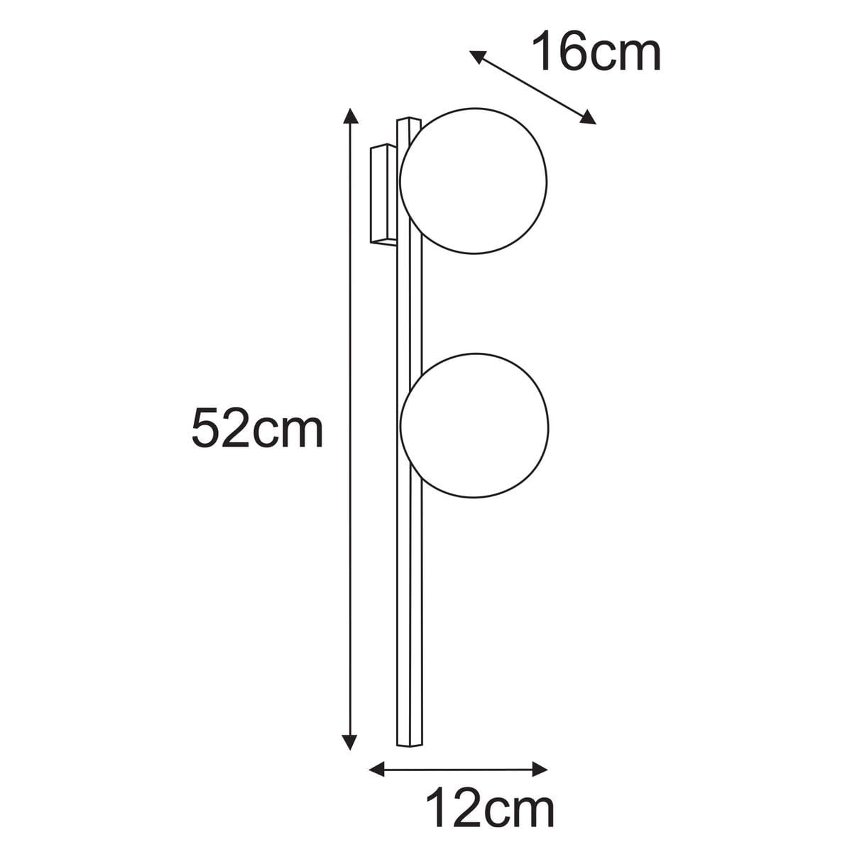 Kinkiet Paxi 2xG9 w kolorze czarnym i grafitowym, o wymiarach 52 cm wysokości, 16 cm szerokości i 12 cm głębokości. Produkt z dwiema okrągłymi lampami zamontowanymi na prostokątnej podstawie, w ułożeniu pionowym.