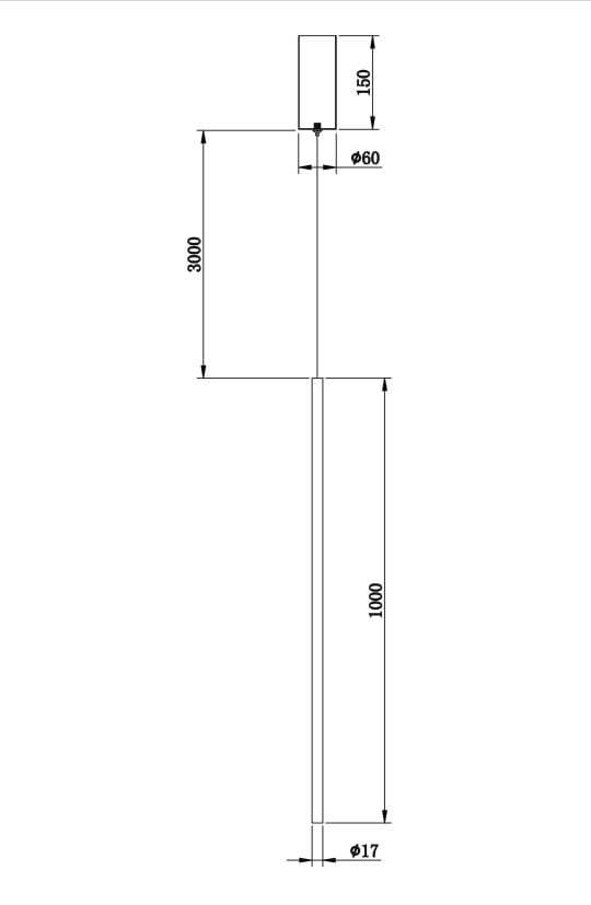Lampa wisząca LED Halo H100 w kolorze mosiądzu, z wysokością 3000 mm i średnicą 60 mm, posiada smukły, prostokątny korpus o średnicy 17 mm. Ujęcie boczne, ukazujące szczegóły konstrukcji oraz wymiary.