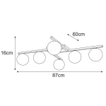 Lampa sufitowa Korfu z sześcioma oprawami G9, w kolorze czarnym i białym. Wymiary: długość 87 cm, szerokość 60 cm, wysokość 16 cm. Konstrukcja z prostokątnym detalem oraz okrągłymi kloszami. Idealna do nowoczesnych wnętrz.