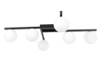 Lampa sufitowa Korfu z sześcioma oprawami G9, w kolorze czarnym z białymi, okrągłymi kloszami. Produkt zamontowany na poziomej, prostokątnej podstawie, w układzie symetrycznym. Idealna do nowoczesnych wnętrz.