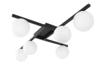 Lampa sufitowa Korfu w kolorze czarnym z sześcioma białymi kulistymi kloszami, zamontowana na prostokątnej podstawie. Ujęcie z dołu, pokazujące rozkład ramion i kształt kloszy. Idealna do nowoczesnych wnętrz.