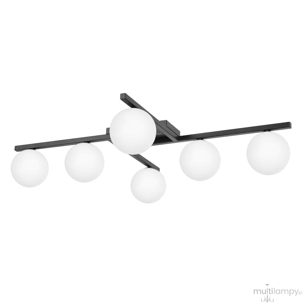 Lampa sufitowa Korfu z sześcioma oprawami G9, czarna konstrukcja z białymi, okrągłymi kloszami. Ujęcie z góry, produkt zamontowany, minimalistyczny design. Klosze rozmieszczone na poziomych ramionach, tworząc nowoczesny wygląd.