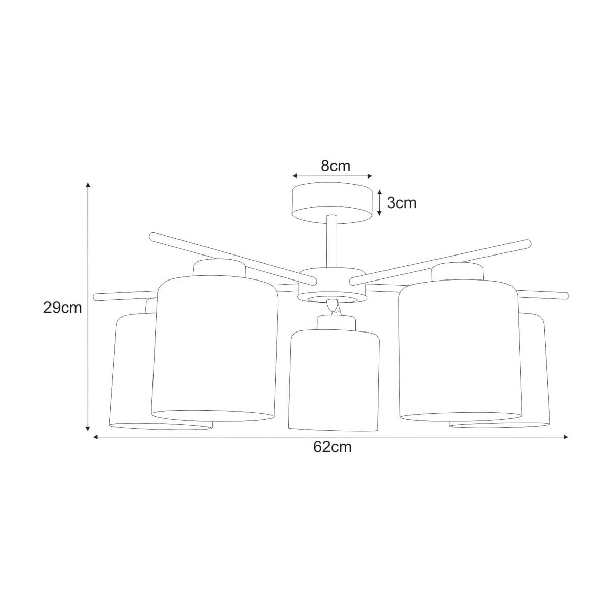 Lampa sufitowa Luna z pięcioma kloszami E27 w kolorze czarnym i grafitowym. Ułożenie: wisząca konstrukcja z okrągłym mocowaniem. Wymiary: średnica 62 cm, wysokość 29 cm, klosze o średnicy 8 cm i wysokości 29 cm.