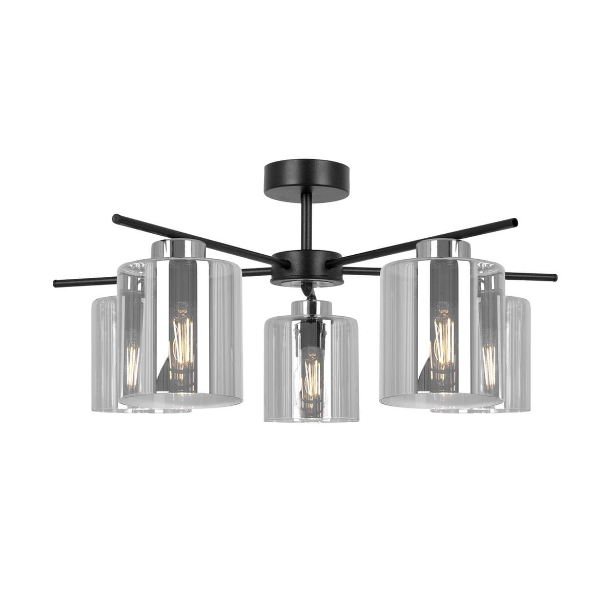 Lampa sufitowa Luna z pięcioma oprawami E27 w kolorze czarnym i grafitowym. Szklane klosze o cylindrycznym kształcie, z widocznymi żarówkami, montowane na metalowej konstrukcji. Produkt w pozycji wiszącej, z rozłożonymi ramionami.
