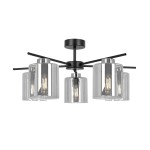 Lampa sufitowa Luna z pięcioma oprawami E27 w kolorze czarnym i grafitowym. Szklane klosze o cylindrycznym kształcie, z widocznymi żarówkami, montowane na metalowej konstrukcji. Produkt w pozycji wiszącej, z rozłożonymi ramionami.