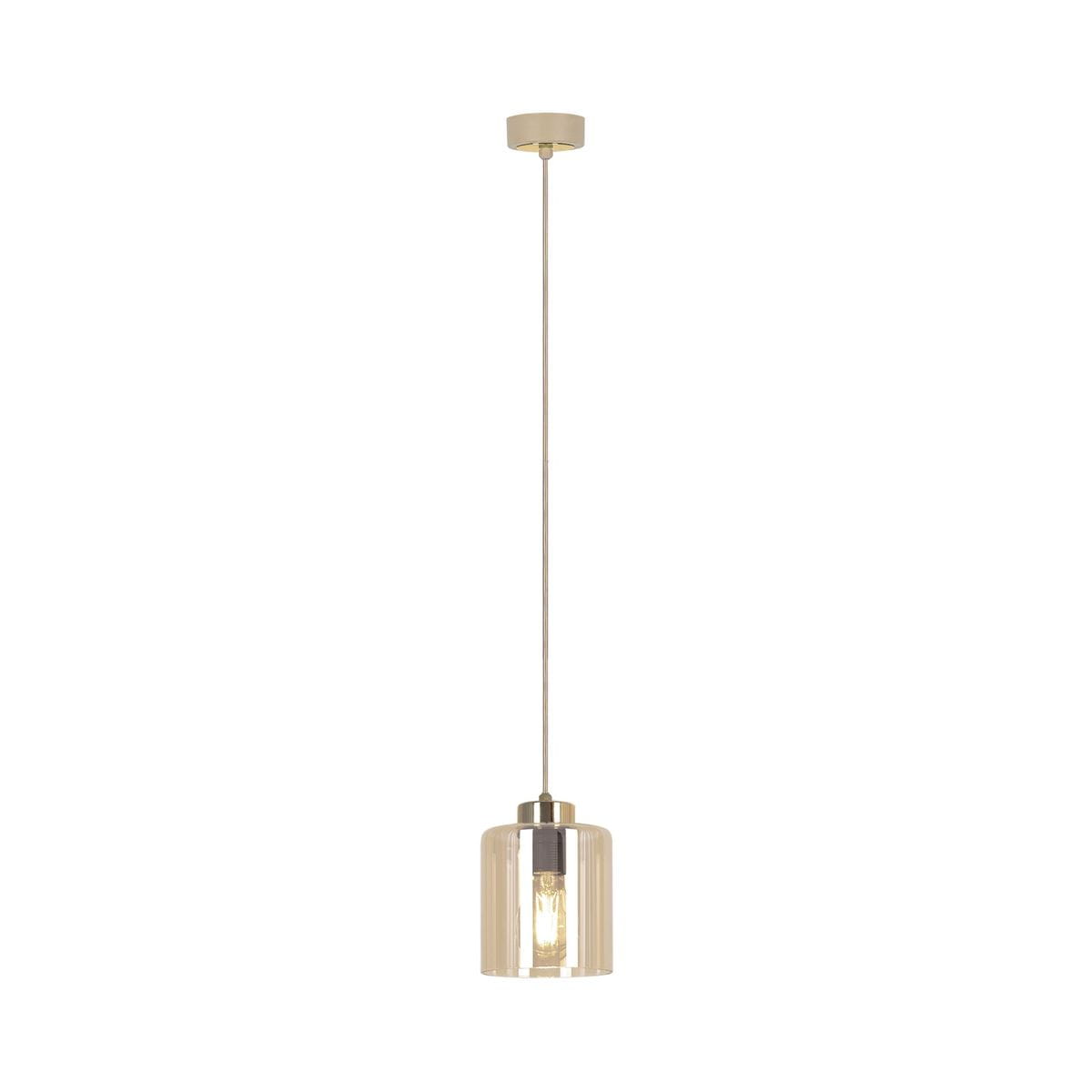 Lampa wisząca Vanes w kolorze beżowym z bursztynowym kloszem, zawieszona na cienkim przewodzie. Klosz ma cylindryczny kształt, a wewnątrz znajduje się żarówka E27. Prosta, elegancka konstrukcja na okrągłej podstawie.