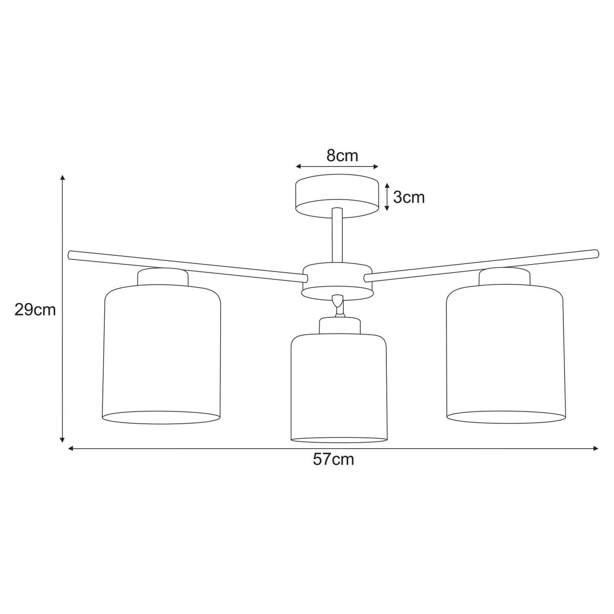 Lampa sufitowa Vanes 3xE27 w kolorze beżowym z bursztynowymi kloszami. Zawieszona na stelażu o długości 57 cm i wysokości 29 cm. Klosze o średnicy 8 cm, umieszczone na równych ramionach, tworzą nowoczesny design.