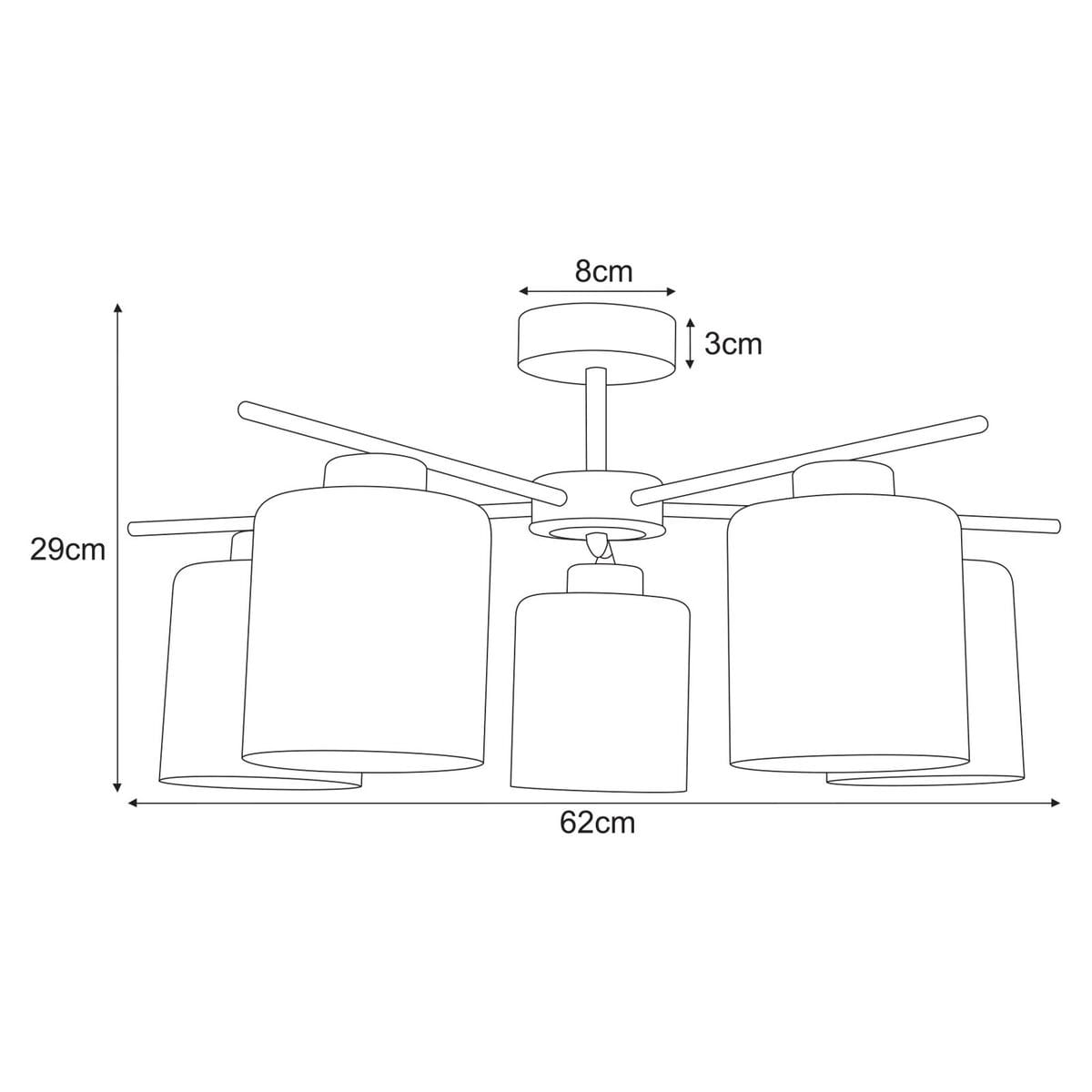 Beżowa lampa sufitowa Vanes z pięcioma kloszami w bursztynowym kolorze, o wymiarach 62 cm szerokości i 29 cm wysokości. Klosze mają cylindryczny kształt, zamontowane na metalowej konstrukcji. Idealna do nowoczesnych wnętrz.