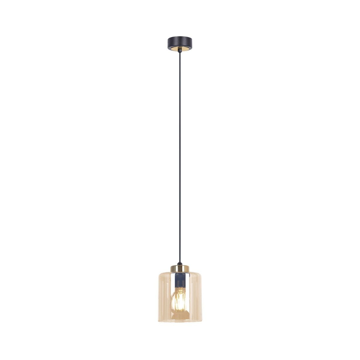 Lampa wisząca Aurelia w kolorze czarnym z bursztynowym kloszem, zawieszona na cienkim przewodzie. Klosz ma prosty, cylindryczny kształt z fakturą, a u góry znajduje się metalowy element mocujący. Idealna do nowoczesnych wnętrz.